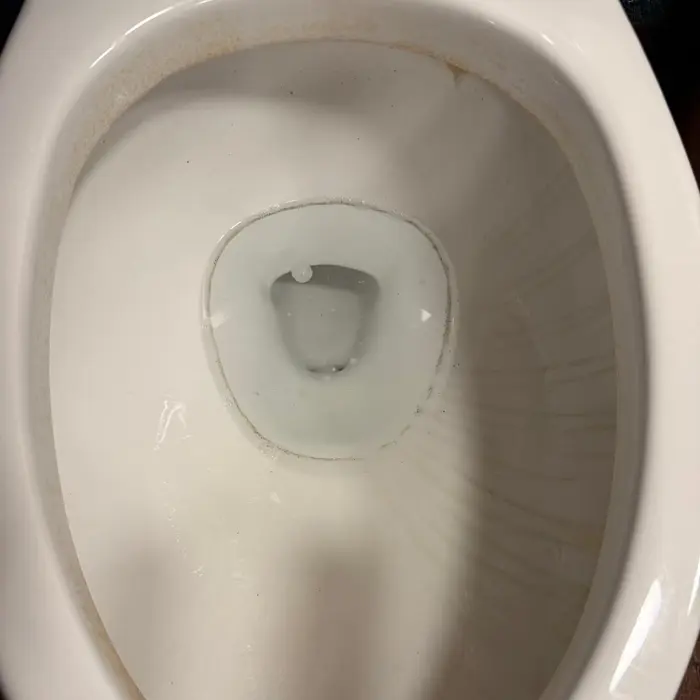 Toilet bowl with hard water and mineral staining around the rim before cleaning